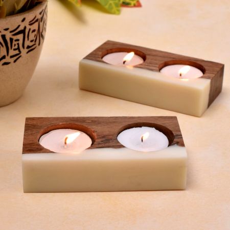 Wood Tea-light Holder with a White Resin Finish - 2 Piece
